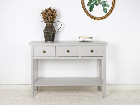 Console 3 tiroirs Evan ralise en chne de style Contemporain Finition Chne Bross Gris Perle SEULEMENT 1 DISPONIBLE