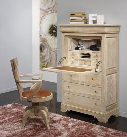 Secrtaire Jules ralis en Chne massif de style Louis Philippe Finition Chne Bross Blanchi Surface d'criture Camel