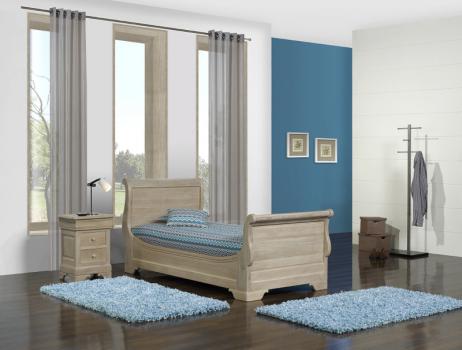 Lit bateau Mathis 90x200 ralis en chne Massif de style Louis Philippe Finition Chne Bross Blanchi