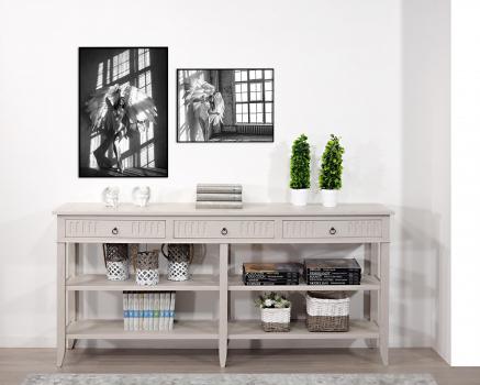 Console drapier 3 tiroirs ralis en chne de style Directoire Finition chne bross gris perle
