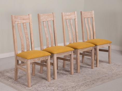 Lot de 4 Chaises L�onor r�alis�e en Ch�ne Massif  Finition Ch�ne Bross� Blanchi Assise tissu d'ameublement  SEULEMENT 1 Lot de 4 chaises (celles de la photographie)