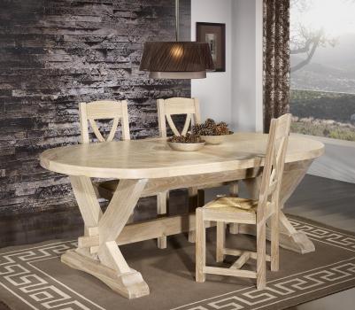 Table Monastre Olivier 220x110 ralise en Chne Massif 2 allonges portefeuille de 45 cm Finition Chne Bross Blanchi 