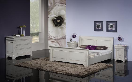 LIT Bateau Jean 180x200, ralis en chne massif de style Louis Philippe Campagnard Finition Chne Bross Gris Perle