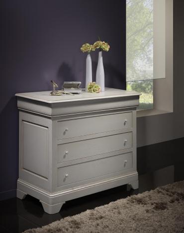 Commode 4 tiroirs Nicolas ralis en Chne Massif de style Louis Philippe Finition Chne Bross Gris Perle 