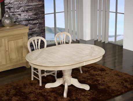 Table ovale Clment 160x120 pied central ralis en Chne de style Louis Philippe Finition Chne Bross Blanchi
