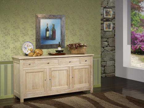 Buffet Nicolas ralis en Chne Massif de style Campagnard 3 portes 4 tiroirs Finition Chne Bross Blanchi