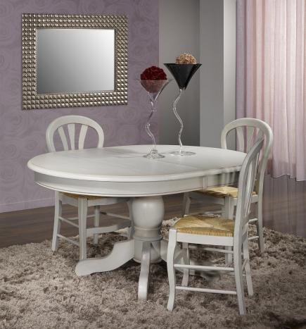 Table ovale pied central Romain ralise en Chne Massif de style Louis Philippe 150x110  Finition Chne Bross Gris Perle