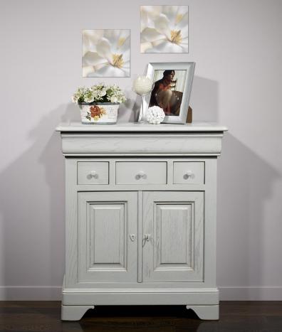 Petit Buffet 2 portes 4 tiroirs Thimoty ralis en chne massif de style Louis Philippe Finition Chne Bross Gris Perle