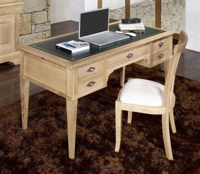 Bureau Ministre 5 tiroirs Jean-Christian, ralis en Chne de style Directoire Finition Chne Bross Naturel Surface d'criture en moleskine verte 