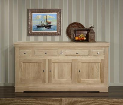 Buffet 3 portes 4 tiroirs Rose Des Vents ralis en chne massif de style Louis Philippe Finition Chne Bross Naturel