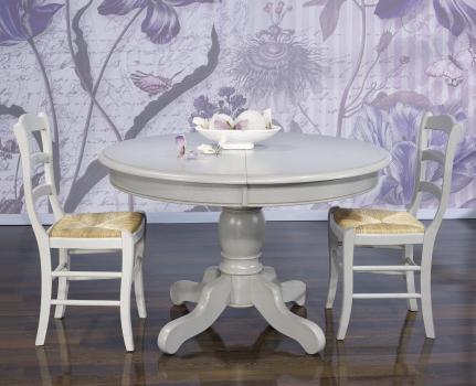  Table ronde pied central ralise en Chne Massif de style Louis Philippe DIAMETRE 120 avec 2 allonges de 40 cm Finition Gris Perle