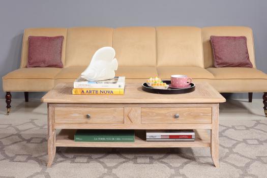 Table Basse Clment ralise en Chne de style Louis Philippe PLATEAU MARQUETE Finition Bross Blanchi