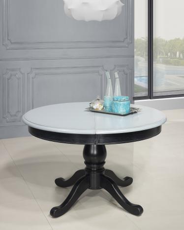 Table ronde pied central ralise en Chne Massif de style Louis Philippe DIAMETRE 120  Finition Charbon patine antiquaire et gris bleut