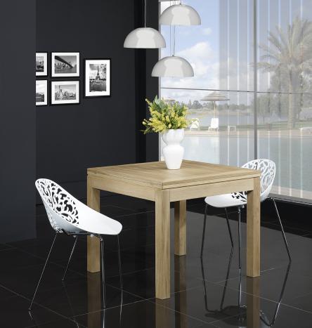 Table de repas 90x90 ralise en Chne massif de style Contemporain, plateau ouvert 180x90 Finition Bross Blanchi