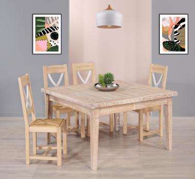 Table de Campagne 120x120 ralis en Chne Massif 2 allonges de 40 cm Finition Chne Bross Naturel
