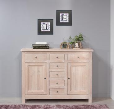 Petit buffet 2 portes 7 tiroirs Maxime ralis en Chne Massif de style Campagnard Finition Chne Naturel Bross Blanchi