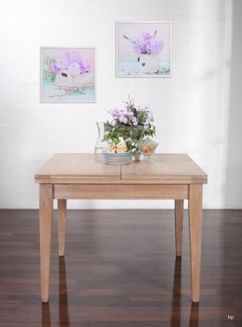 Table de repas 100x100 ralise en Chne massif de style Contemporain, plateau ouvert 200x100