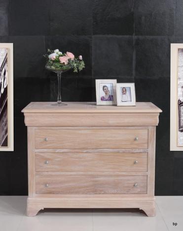 Commode 4 tiroirs Nicolas ralis en Chne Massif de style Louis Philippe Finition Chne Bross Blanchi