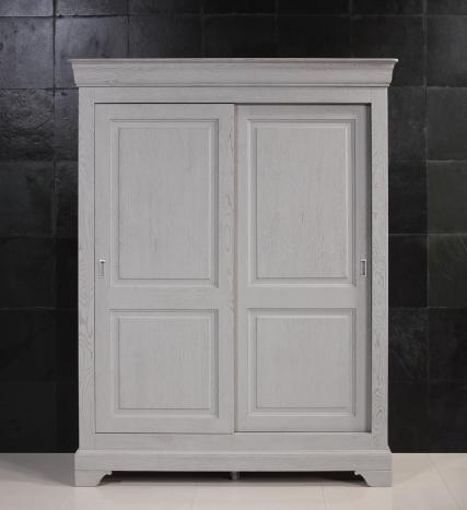 Armoire 2 portes Jean-Baptiste en Chne Massif portes coulissantes, de style Louis Philippe Finition Chne Bross Gris