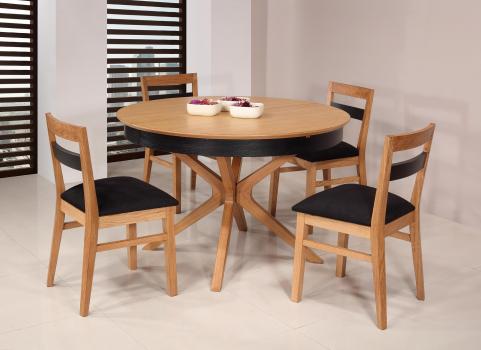 Table ronde Contemporaine Romain, diamtre 120 cm ralise en chne avec un pieds central et 1 allonge portefeuille de 50 cm