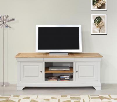 Meuble TV 16/9eme Mathilde ralis en Chne Massif de style Louis Philippe Longueur 180 cm Finition Chne Bross Gris perle Plateau Chne naturel 