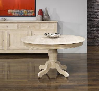 Table ronde Maude, pieds central DIAMETRE 140 ralise en Chne massif de style Louis Philipe FINITION CHENE BROSSE BLANCHI