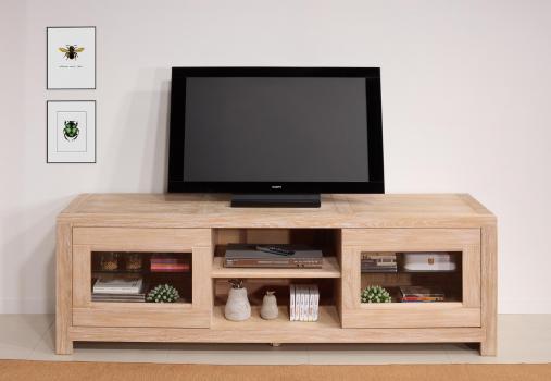 Meuble TV 2 portes vitres Loann ralis en chne massif de style Contemporain 