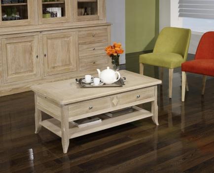 Table Basse Clment ralise en Chne de style Louis Philippe PLATEAU MARQUETE Finition Bross Blanchi