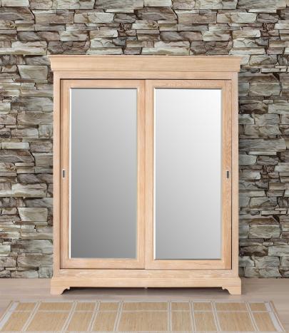 Armoire 2 portes Nathan ralis en Chne Massif portes coulissantes avec miroir, de style Louis Philippe