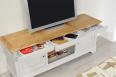 Meuble TV 16/9eme Mathilde ralis en Chne Massif de style Louis Philippe Longueur 180 cm Finition Chne Bross Gris perle Plateau Chne naturel 